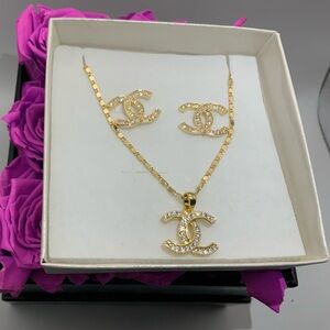 Gold Necklace and Earrings with Crystal Accents Jewelry Gift Set